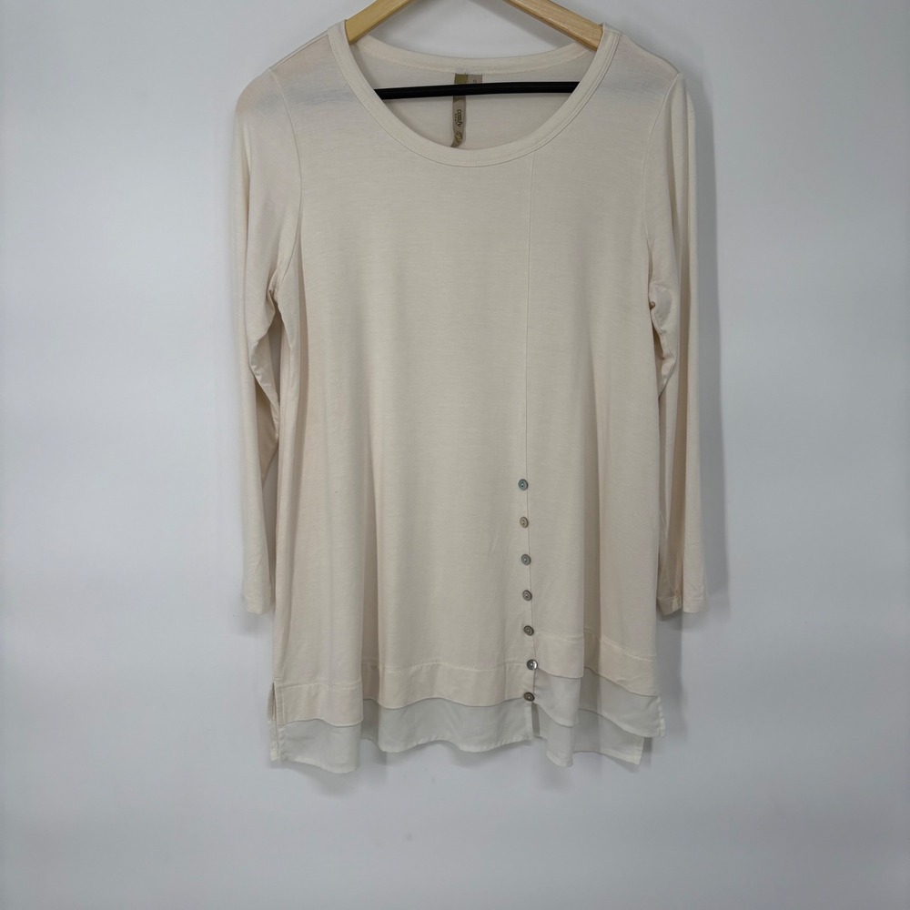 Comfy USA Cream Modal Asymmetrical Tunic Top Small Button Layered Hem Artsy
